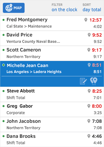 TSheets Who's Working window. Our Who's Working window shows employee GPS location, clock-in time, and number of hours worked.