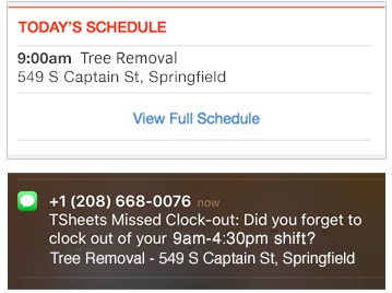iPhone scheduling software screenshot. Employees receive notifications about their schedule via the TSheets job scheduling software.