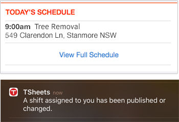 iPhone job scheduling software screenshot. Employees receive notifications about their schedule via the TSheets job scheduling software.