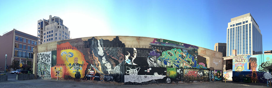 Panorama view of Freak Alley. Wide view of Boise Freak Alley murals.