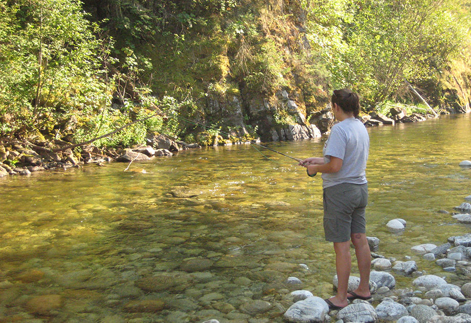 Fishing the Boise river for trout. The Boise river flows through town and is regularly stocked with trout.