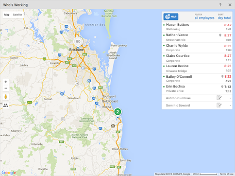 Screenshot of TSheets Who's Working window. GPS employee tracking for your whole workforce.