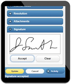 Screenshot of customer signature in Results Field Management Software Field Service Technicians can clock in/out of each service order, and obtain signatures with the same app