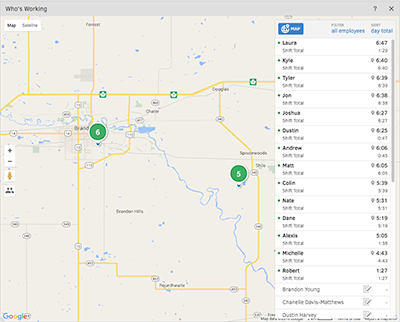 Who’s Working window screenshot. Livingstone Landscape uses the GPS tracking in the Who’s Working window to see where employees are working.