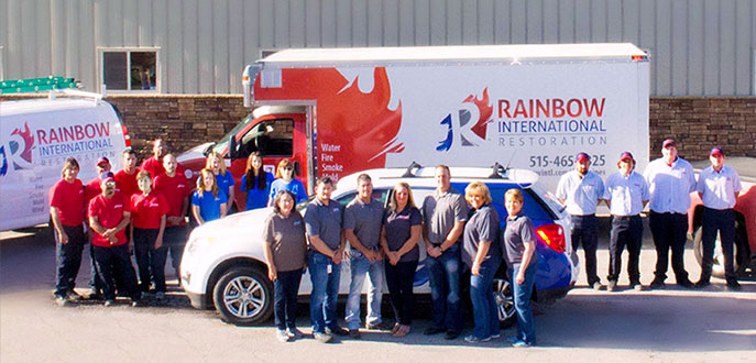 Rainbow International Restoration truck and crew. Rainbow International Restoration battles water damage, fire damage, mold, & carpet spills.