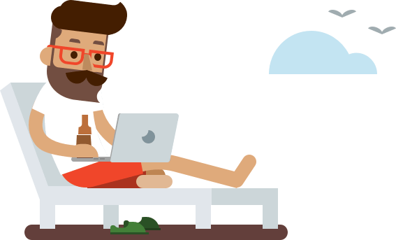 60% of surveyed employees said they do work during PTO. Cartoon of man sitting on the beach during vacation.