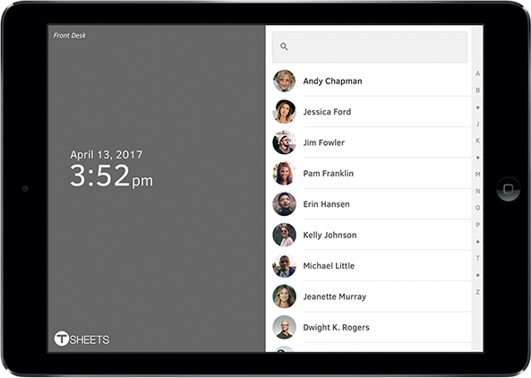 TSheets Kiosk converts any tablet, laptop, or computer into a traditional punch clock-style kiosk. TSheets Kiosk makes clocking in and clocking out super simple.